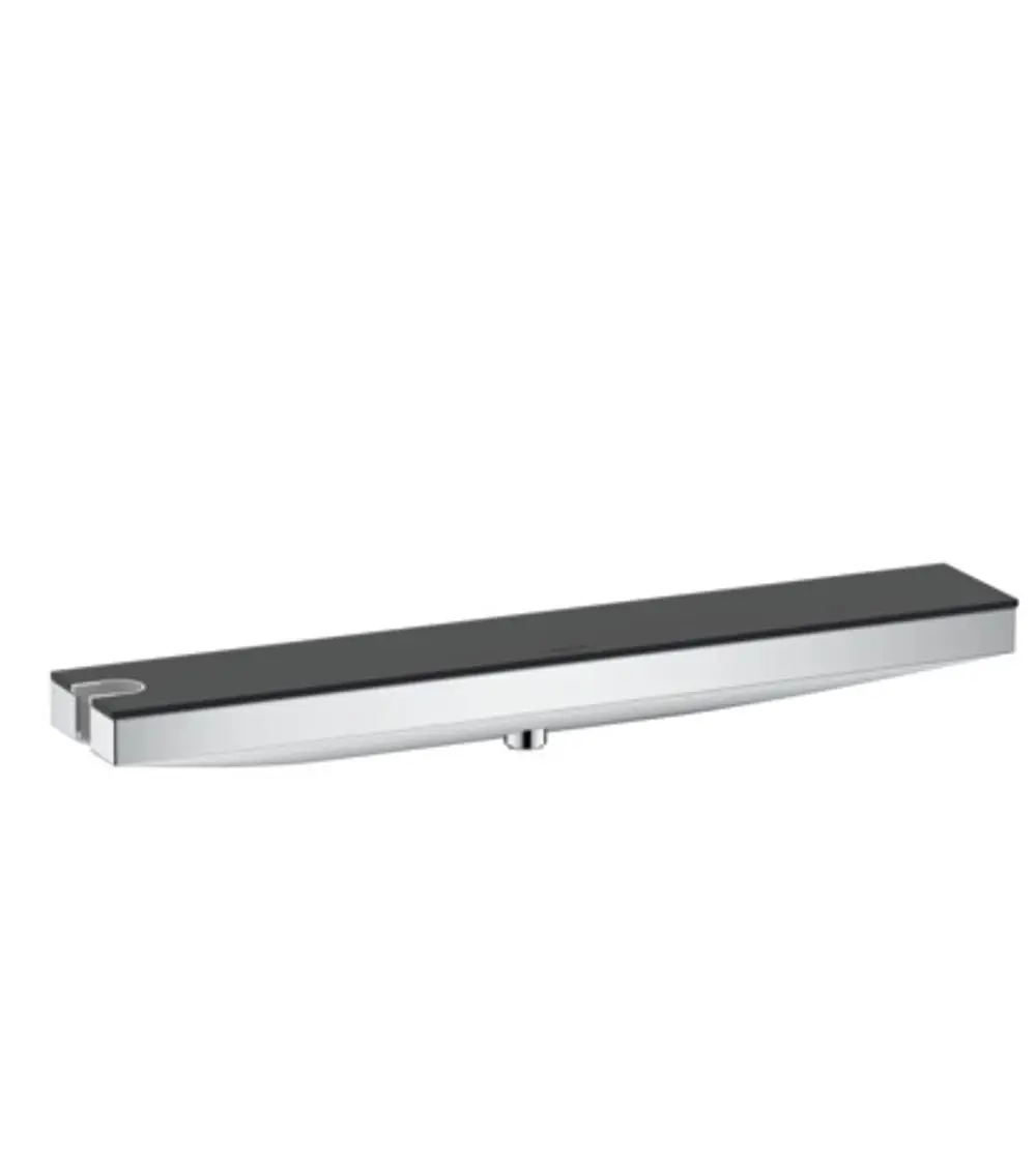 Hansgrohe Wandanschluss mit Brausehalter und Duschablage in einem minimalistischen Design, aus verchromtem Material mit einer schmalen, rechteckigen Form.